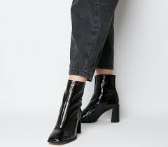 Diesel black gold patent leather knee high heeled boots uk 3.5 eu 36 us 5.5. Office Awakening Front Zip Block Boots Black Patent Leather Ankle Boots