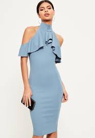 Missguided Blue High Neck Frill Cold Shoulder Midi Dress Dresses Cute Dresses Dresses Uk