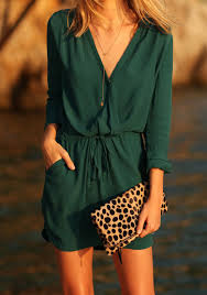 Green V Neck Drawstring Pockets Dress Shein Sheinside Mini Dress With Sleeves Fashion Casual Dress