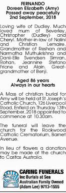 683 likes · 1 talking about this. Fernando Doreen Elizabeth Amy Funeral Notices Sydney My Tributes