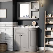 Here, in front of a mirror, people shave, comb their hair, apply makeup and generally put on their game face for the day. Richmond Right Handed Curved Vanity Unit In Matt Light Grey With Marble Top And Ceramic Basin Easy Bathrooms Vanity Unit Easy Bathrooms