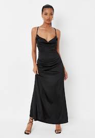 Premium Black Satin Cross Back Cowl Neck Maxi Dress Missguided