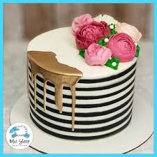 Black And Gold Cake With Flowers Black And White Striped Buttercream Cake With Pink Florals Nj Pink Birthday Cakes Striped Cake White Birthday Cakes