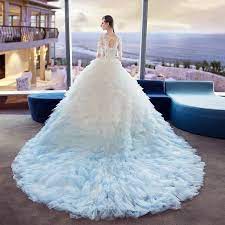 Amazing Unique White Gradient Color Sky Blue Pierced Wedding Dresses 2018 Ball Gown Scoop Neck 1 2 Sleeves Backless Appliques Lace Sequins Pleated Cathedral T Wedding Dresses Ball Gowns Wedding Dresses 2018