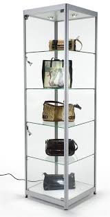 Get a quote online, by email or telephone. 20 Glass Display Case W Halogen Lighting Fixed Shelves Hinged Door Silver Glass Curio Cabinets Glass Shelves Glass Cabinets Display