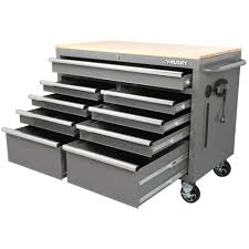 Husky 46 In W X 24 5 In D 9 Drawer Tool Chest Mobile Workbench With Solid Wood Top In Gloss Gray H46mwc9ggxd The Home Mobile Workbench Workbench Tool Chest