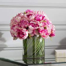Faux Magenta Pink Peony Floral Arrangement In Glass Vase Flower Bouquet Vase Peony Arrangement Flower Arrangements
