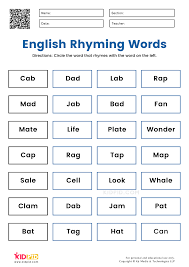 Students are given an array of words and must search through them to find which ones rhyme with an example word. English Rhyming Words Worksheets For Grade 1 Kidpid