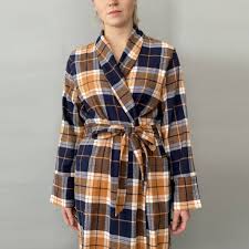 Brushed Cotton Dressing Gown In Blue Orange Check By Caro London Notonthehighstreet Com