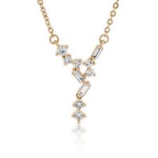 Rose Gold Scattered V Baguette Round Diamond Necklace 14k Simple Diamonds Necklace Diamond