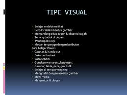 Anak yang mempunyai gaya belajar visual harus melihat bahasa tubuh dan ekspresi muka gurunya untuk mengerti materi pelajaran. Mengenal Tipe Belajar Anak Auditory Visual Kinestetik Ppt Download