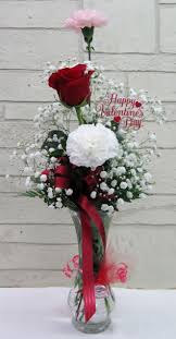 Two Assorted Color Carnations And A Red Rose In A Clear Glass Bud Vase With He Rose Flower Arrangements Valentine Flower Arrangements Small Flower Arrangements
