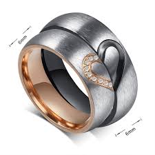 Heart Titanium Matching Couples Ring Set With Stones On Hers Matching Couple Rings Promise Rings For Couples Heart Promise Rings