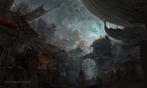 Cool Fantasy Market With Mysterious Stalls Nice Airship In Background For Concept Art Fantasy City Fantasy Concept Art City Art