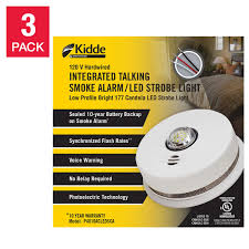 I smoke detector came with its battery and the plug for 120 volt backup. Kidde Hardwired Integrated Talking Smoke Alarm With Led Strobe Light 3 Pack