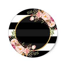 Black And White Stripes With Flowers Background Gold Monogram With Black White Striped Floral Deco Classic Round Sticker Zazzle Com Gold Monogram Floral Border Design Floral Stripe
