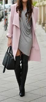 Women S Pink Coat Grey Sheath Dress Black Leather Over The Knee Boots Black Leather Satchel Bag Fashion Winter Fashion Style