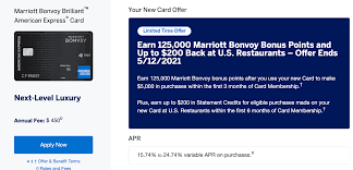 Jun 18, 2021 · applied and were approved for marriott bonvoy business™ american express® card (also known as the starwood preferred guest® business credit card from american express) or marriott bonvoy brilliant™ american express® card (also known as the starwood preferred guest® american express luxury card) within the last 90 days. Expired Public Referral Offer American Express Marriott Bonvoy Brilliant 125 000 Point Sign Up Bonus 200 Restaurant Credit Last Day Doctor Of Credit