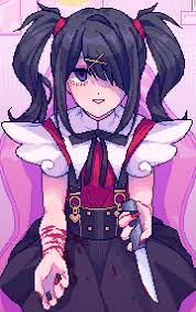 ame-chan (needy girl overdose), needy girl overdose, highres, 1girl, black  hair, black nails, black ribbon, blood, blood stain, chair, cuts, cutting,  gaming chair, grey eyes, hair ornament, hairpin, heart, injury, knife,  looking
