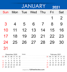 Free Download 2021 January Calendar
