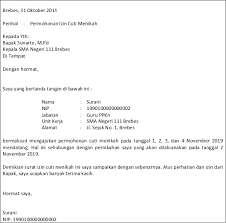 Contoh Surat Permohonan Cuti Untuk Nikah Id Lif Co Id Surat cuti menikah adalah salah satu jenis formal yang ditulis oleh seorang karyawan dalam suatu instansi atau perusahaan yang mana bermaksud untuk memohon libur (cuti) kepada atasannya. contoh surat permohonan cuti untuk