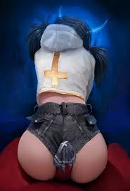 fiz-rot, dagger (fizrotart), original, highres, 1boy, 1girl, age  difference, ass, ass focus, back, black hair, black shorts, blue  background, blurry, blurry background, buttjob, colored skin, covered  penis, cross, cross print, demon, demon