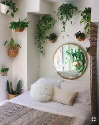 Boho Master Bedroom Ideas Round Mirror Plants Decorating The Walls White Walls And Textured Comfy Bedding Small Bedroom Decor Bedroom Design Bedroom Decor