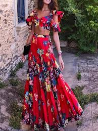 Maybe you would like to learn more about one of these? Robe Longue Volants Floraux V Cou Profond Deux Pieces Fluides Vacances A La Plage Boheme Rouge Robe Longue Robes