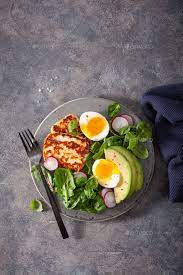 Healthy Keto Paleo Diet Breakfast Boiled Egg Avocado Halloumi Cheese Salad Leaves Paleo Diet Breakfast Keto Paleo Diet Healthy Breakfast
