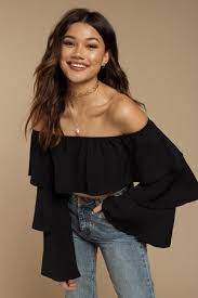 Show Off Black Shoulder Ruffled Blouse Shoulder Tops Outfit Ruffle Blouse Designs Black Top Outfit