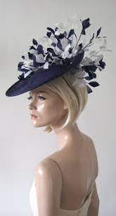 Navy White Hat Front Sitting Saucer Disc In Navy Decorated On Underside And Top With A Tree Of White Mother Of The Bride Hats Royal Ascot Hats Wedding Hats