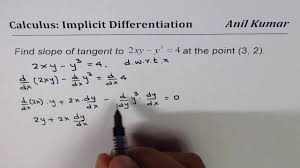 Find Slope Of Tangent Line To Curve 2xy Y 3 4 At 3 2 Youtube