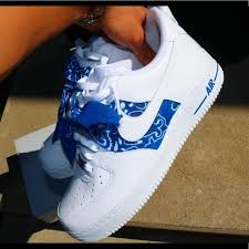 Black Air Force 1 With Blue Bandana Custom Air Force 1 S Nike Shoes Blue Custom Nike Shoes Nike Air Shoes