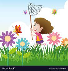 Little Girl Catching Butterflies In Garden Vector Image Drawing For Kids Art Drawings For Kids Baby Animal Drawings