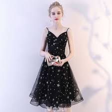 Modern Fashion Black Homecoming Graduation Dresses 2018 A Line Princess Spaghetti Straps Sleeveless Star Embroidered Knee Length Ruffle Backless Formal Dres Prom Dresses Short A Line Cocktail Dress Backless Dress Formal
