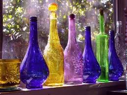 Colorful Bottles In Windows Colored Glass Bottles Things I Adore Colored Glass Bottles Bottles Decoration Glass Bottles