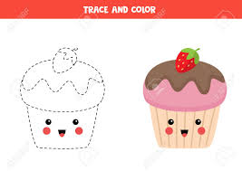 Kawaii pusheen cupcake coloring pages. Trace And Color Cute Kawaii Cupcake Educational Game For Preschoolers Royalty Free Cliparts Vectors And Stock Illustration Image 150429014
