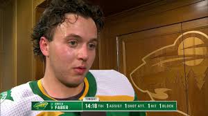 "We need to win a hockey game and this next period needs to be our best.",  Brock Faber with Kevin Gorg at the second intermission. #mnwild