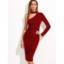 Red One Shoulder Choker Neck Velvet Pencil Dress 16 Liked On Polyvore Featuring Long Sleeve Velvet Dress Red Long Sleeve Dress Long Sleeve Cocktail Dress
