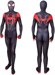Miles morales | just the facts: Amazon Com Spiderman Costume Into The Spider Verse Miles Morales Halloween Costumes Classic Cosplay Suit Adult Kids M Black Clothing