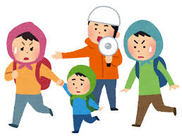 避難する人と避難誘導する人のイラスト（防災頭巾） | かわいいフリー ...