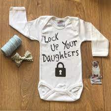 From awesome new baby boy gift baskets to fun baby boy gifts for their bedroom and for themselves! Lock Up Your Daughters Baby Boy Gift Funny Baby Outfit Baby Etsy Baby Boy Clothes Funny Funny Baby Clothes Funny Baby Gifts