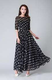 Black And White Polka Dot Summer Dress Black And White Polka Dot Maxi Dress Vintage Style Long Swing Etsy Polka Dot Maxi Dresses Chiffon Dresses With Sleeves Maxi Dress