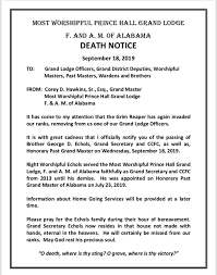 A message from MWGM Corey D. Hawkins, Sr.: It has come to my attention that  the Grim Reaper has again invaded our ranks, removing from us one of our  Grand Lodge Officers.