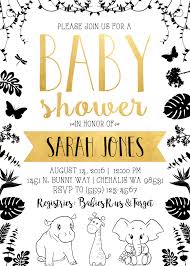 Black White And Gold Baby Shower Invitations Black White And Gold Jungle Baby Shower Invitation Invite Hippo Giraffe Elephant Dragonfly Gold Safari Baby Shower Elephant Baby Shower Boy White Baby Showers