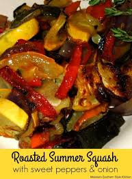 Roasted Summer Squash With Sweet Peppers And Onion Summer Squash Recipes Healthy Stuffed Sweet Peppers Roasted Summer Squash