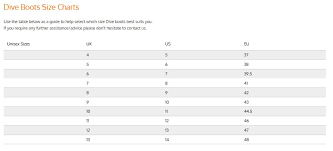 Fourth Element Boot Size Chart Dive Machine Scuba Service