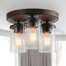 Farmhouse flush mount lights : Lnc 3 Light Rustic Farmhouse Flush Mount Light With Brushed Wood Accents Classic Clear Glass Shade Pendant A03407 The Home Depot