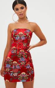 Red Oriental Satin Corset Detail Bodycon Dress Https Www Prettylittlething Com Red Ori Satin Cocktail Dress Cocktail Dresses With Sleeves Red Cocktail Dress