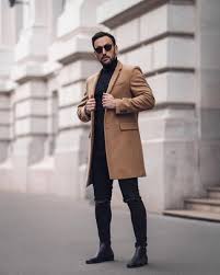 Vintage camel b3 flying jacket 44 chest worn vintage condition ref 3978. Men S Camel Overcoat Black Turtleneck Black Ripped Skinny Jeans Black Leather Chelsea Boots Lookastic